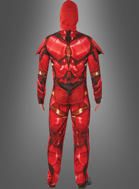 Eine Person, die das „Iron Man“-Herrenkostüm mit Stoffmaske trägt – ein roter Superhelden-Look mit Rüstung und Kapuze, von hinten vor grauem Hintergrund zu sehen – perfekt für Fans, die auf der Suche nach einem „Avengers“-Superhelden oder einem authentischen Marvel-Kostüm sind.