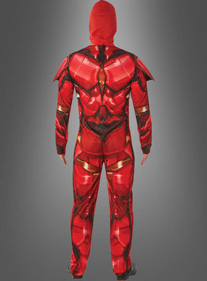 Eine Person, die das „Iron Man“-Herrenkostüm mit Stoffmaske trägt – ein roter Superhelden-Look mit Rüstung und Kapuze, von hinten vor grauem Hintergrund zu sehen – perfekt für Fans, die auf der Suche nach einem „Avengers“-Superhelden oder einem authentischen Marvel-Kostüm sind.