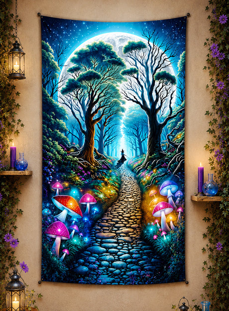 Die waschbare „Magischer Zauberwald“ UV-Fotowand (120 x 185 cm) zeigt einen gepflasterten Weg, der sich durch einen leuchtenden, märchenhaften Wald schlängelt, der voller bunter Pilze, Laternen und einem großen Mond im Hintergrund – ein echtes Fantasy-Wandbild, das eine bezaubernde Atmosphäre schafft und im Schwarzlicht leuchtet, perfekt für jede Zauberwald-Fotowand.