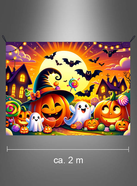 Tauchen Sie Ihren Raum in eine farbenfrohe Halloween-Szene mit Kürbissen, Geistern, Fledermäusen und Süßigkeiten ein, die vor Häusern und einem Friedhof bei Sonnenuntergang spielt – dieser lebhafte, waschbare Halloween-Kürbis-Hintergrund (150 x 200 cm für Kinder) eignet sich ideal als Halloween-Wanddekoration für Partys oder festliche Dekorationen zu Hause.