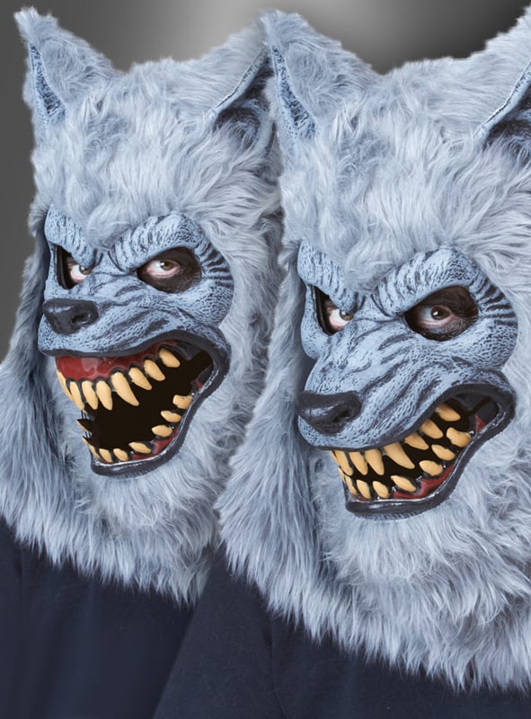 Zwei Personen im Werwolf-Kostüm mit Ani-Motion-Maske – mit realistischen grauen Masken, scharfen Zähnen und spitzen Ohren –, die vor einem neutralen Hintergrund leicht in die Kamera blicken – perfekt, um deinen Look an diesem Halloween abzurunden.