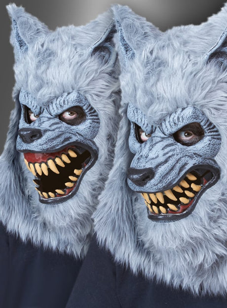Zwei Personen im Werwolf-Kostüm mit Ani-Motion-Maske – mit realistischen grauen Masken, scharfen Zähnen und spitzen Ohren –, die vor einem neutralen Hintergrund leicht in die Kamera blicken – perfekt, um deinen Look an diesem Halloween abzurunden.