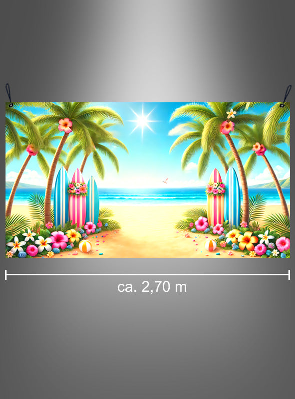 Genießen Sie die ausgelassene Sommerstimmung mit dieser waschbaren „Sommer Beachparty“-Fotowand (150 x 270 cm)! Mit einer Illustration eines tropischen Strandes mit Palmen, Surfbrettern, Blumen und einer strahlenden Sonne am Himmel ist diese waschbare Fotowand etwa 2,7 Meter breit und eignet sich perfekt als „Palmenstrand“-Wanddekoration, um in jeden Raum lebhafte Sommerstimmung zu bringen.