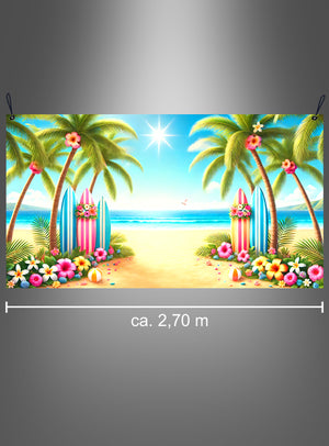 Genießen Sie die ausgelassene Sommerstimmung mit dieser waschbaren „Sommer Beachparty“-Fotowand (150 x 270 cm)! Mit einer Illustration eines tropischen Strandes mit Palmen, Surfbrettern, Blumen und einer strahlenden Sonne am Himmel ist diese waschbare Fotowand etwa 2,7 Meter breit und eignet sich perfekt als „Palmenstrand“-Wanddekoration, um in jeden Raum lebhafte Sommerstimmung zu bringen.