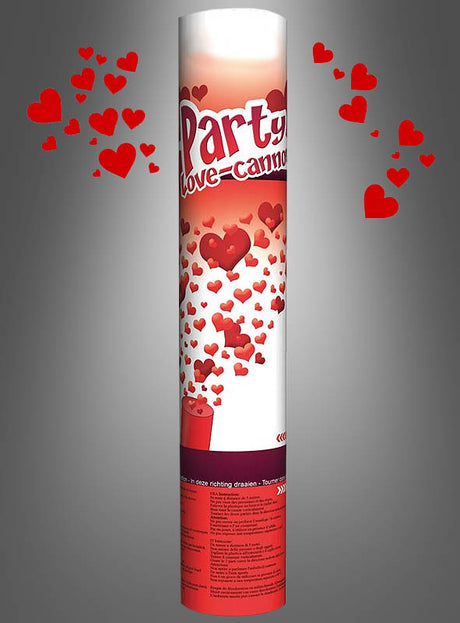 Eine zylindrische „Herzen-Konfetti-Kanone“ (25 cm), verziert mit roten Herzmotiven und umgeben von verstreuten roten Herzen auf grauem Hintergrund – ideal für Hochzeiten und romantische Veranstaltungen.