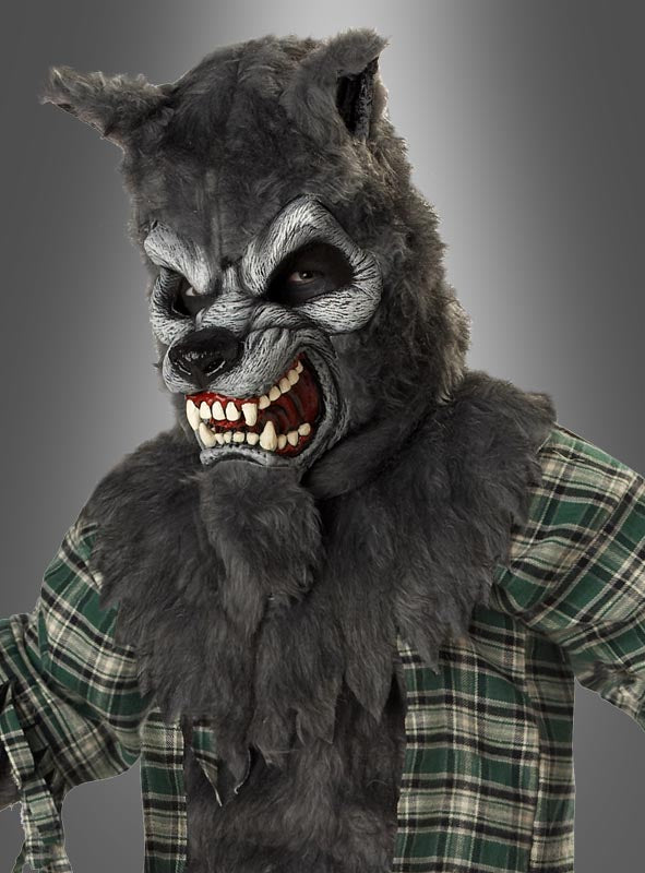 Eine Person, die das „Kinder-Werwolf-Kostüm für Halloween“ trägt – bestehend aus einer grauen Werwolfmaske, einem Kostüm mit Kunstfell und einem karierten Hemd –, zeigt vor einem schlichten grauen Hintergrund mit bedrohlichem Gesichtsausdruck ihre scharfen Zähne – perfekt für Kinder, die sich einen gruseligen Halloween-Look wünschen.
