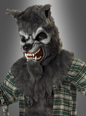 Eine Person, die das „Kinder-Werwolf-Kostüm für Halloween“ trägt – bestehend aus einer grauen Werwolfmaske, einem Kostüm mit Kunstfell und einem karierten Hemd –, zeigt vor einem schlichten grauen Hintergrund mit bedrohlichem Gesichtsausdruck ihre scharfen Zähne – perfekt für Kinder, die sich einen gruseligen Halloween-Look wünschen.
