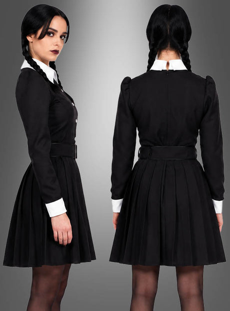 Frau in einem schwarzen Kleid mit weißem Kragen und Manschetten, von vorne und von hinten gezeigt, vor einem grauen Hintergrund mit Farbverlauf – perfekt als „Düstere Gothic Tochter“-Damenkostüm für alle, die einen eleganten und zugleich geheimnisvollen Look suchen.