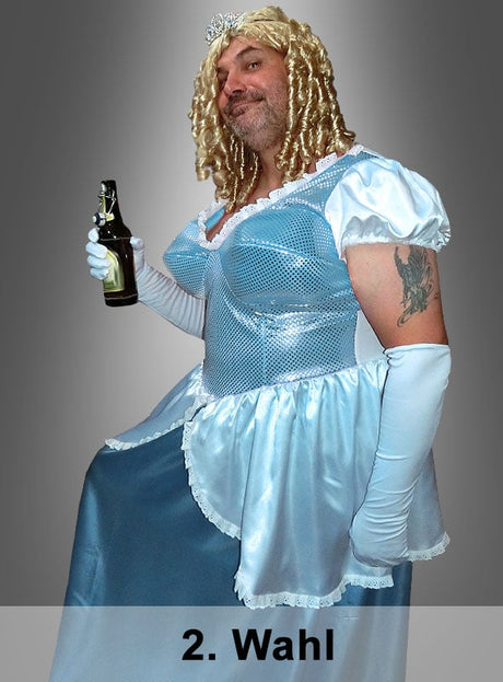 Eine Person, die das „2. Wahl Flaschenputtel“-Kostüm trägt – ein blaues Prinzessinnenkleid mit einer blonden Perücke und einer Tiara –, hält eine Bierflasche in der Hand und posiert mit einem angehobenen Bein. Unten steht der Text „2. Wahl“.