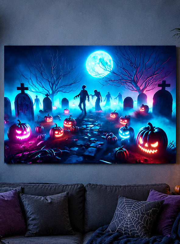 Das waschbare Stoffbanner „Zombie Friedhof“ (190 x 270 cm), das über einem Sofa aufgehängt ist, zeigt eine nächtliche Friedhofsszene voller leuchtender Kürbislaternen, Zombies, Grabsteine, blattloser Bäume und eines Vollmonds vor einem blau-lila Himmel. Diese ultimative Halloween-Dekoration verfügt über einen beeindruckenden UV-Effekt, der das gruselige Motiv nach Einbruch der Dunkelheit zum Leben erweckt.