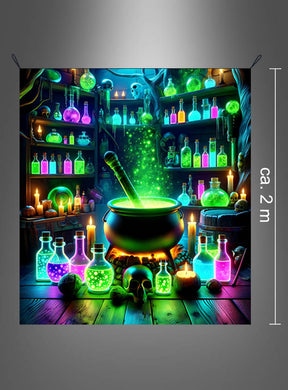 Ein großes, waschbares Wandbild im Format 180 x 200 cm mit dem Motiv „UV-Hexenküche“ zeigt einen leuchtenden Kessel, umgeben von bunten Zaubertrankflaschen, Kerzen und Regalen voller Gläser und Totenköpfe in einer Fantasie-Laborumgebung – damit ist es das perfekte Schwarzlicht-Wandbild und eine zauberhafte Halloween-Dekoration.