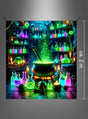Ein großes, waschbares Wandbild im Format 180 x 200 cm mit dem Motiv „UV-Hexenküche“ zeigt einen leuchtenden Kessel, umgeben von bunten Zaubertrankflaschen, Kerzen und Regalen voller Gläser und Totenköpfe in einer Fantasie-Laborumgebung – damit ist es das perfekte Schwarzlicht-Wandbild und eine zauberhafte Halloween-Dekoration.