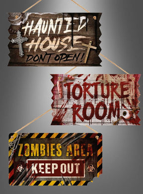 Drei Halloween-Schilder „Deluxe“ aus Holz (33 x 19 cm) mit den Aufschriften: „Haunted House – Nicht öffnen!“, „Folterkammer“ und „Zombie-Zone – Zutritt verboten“; diese Schilder aus Holz zeichnen sich durch Motive im Horror-Stil und warnende Elemente aus und sind somit eine perfekte Ergänzung für Ihre Halloween-Dekoration.