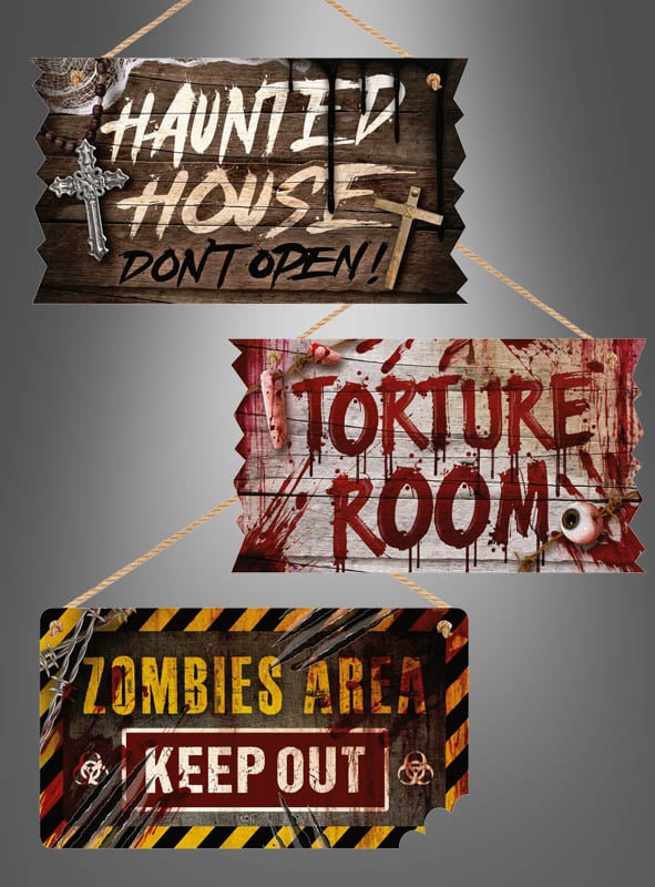 Drei Halloween-Schilder „Deluxe“ aus Holz (33 x 19 cm) mit den Aufschriften: „Haunted House – Nicht öffnen!“, „Folterkammer“ und „Zombie-Zone – Zutritt verboten“; diese Schilder aus Holz zeichnen sich durch Motive im Horror-Stil und warnende Elemente aus und sind somit eine perfekte Ergänzung für Ihre Halloween-Dekoration.