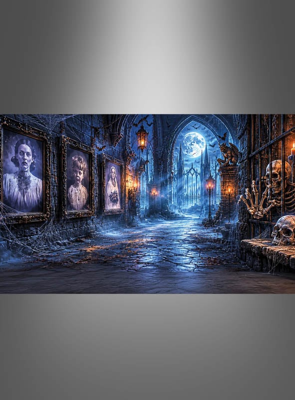 Ein schwach beleuchteter gotischer Flur mit gerahmten Porträts und einem gruseligen Ahnengalerie-Fotohintergrund im Format XXXL, Spinnweben, die an der unheimlichen Fotokulisse hängen, Skelette und Totenköpfe, die in den Schatten lauern, und blaues Mondlicht, das durch ein Bogenfenster am Ende hereinströmt – perfekt als Halloween-Deko-Hintergrund, um eine gruselige Atmosphäre zu schaffen.
