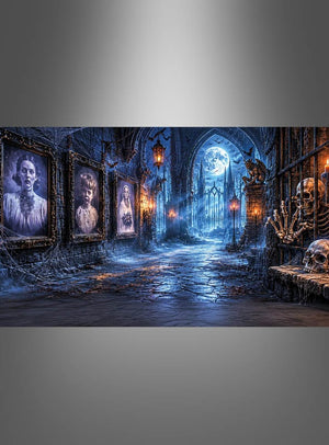 Ein schwach beleuchteter gotischer Flur mit gerahmten Porträts und einem gruseligen Ahnengalerie-Fotohintergrund im Format XXXL, Spinnweben, die an der unheimlichen Fotokulisse hängen, Skelette und Totenköpfe, die in den Schatten lauern, und blaues Mondlicht, das durch ein Bogenfenster am Ende hereinströmt – perfekt als Halloween-Deko-Hintergrund, um eine gruselige Atmosphäre zu schaffen.
