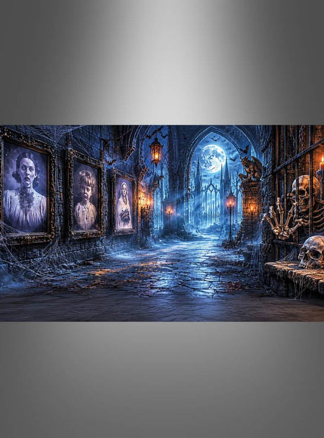 Ein schwach beleuchteter gotischer Flur mit gerahmten Porträts und einem gruseligen Ahnengalerie-Fotohintergrund im Format XXXL, Spinnweben, die an der unheimlichen Fotokulisse hängen, Skelette und Totenköpfe, die in den Schatten lauern, und blaues Mondlicht, das durch ein Bogenfenster am Ende hereinströmt – perfekt als Halloween-Deko-Hintergrund, um eine gruselige Atmosphäre zu schaffen.