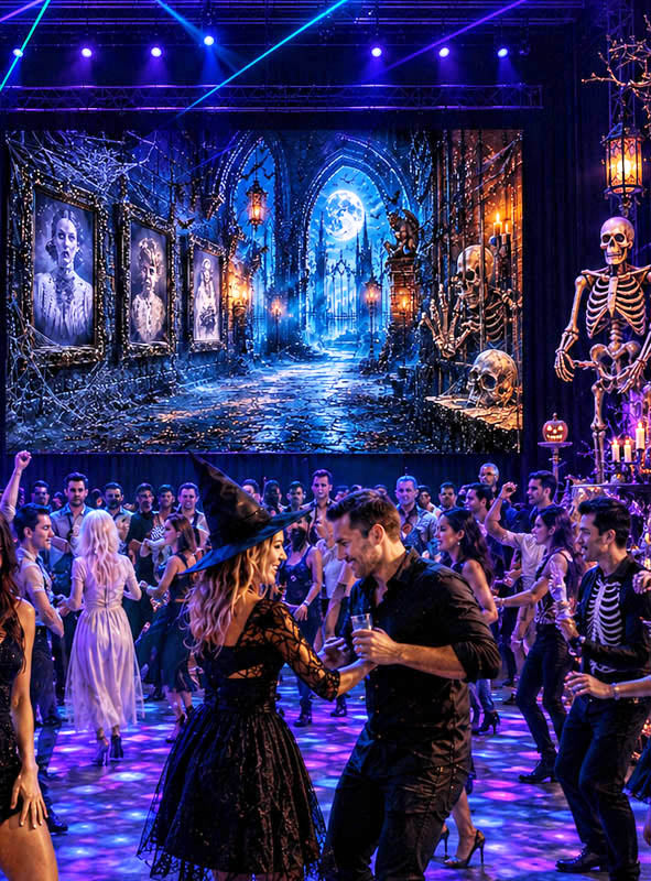 Die Partygäste tanzen in Halloween-Kostümen inmitten von gotischen Dekorationen, Skeletten, Spinnweben und einer gruseligen Kulisse mit einem mondbeschienenen Schloss und unheimlichen Porträts – all das wird durch den „Gruselige Ahnengallerie Fotohintergrund XXXL“ zum Leben erweckt, einer auffälligen Fotowand, die den Halloween-Dekohintergrund in ein unvergessliches Fest verwandelt.