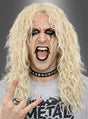 In Anlehnung an die legendäre „Langhaar-Perücke“ im Rocker-Heavy-Metal-Stil trägt diese Person langes, blondes Lockenhaar, auffälliges schwarzes Augen-Make-up und ein Stachel-Halsband, während sie ein Rocker-Handzeichen macht und laut schreit. Sie trägt ein graues Metal-Shirt und einen Totenkopfring vor einem grauen Farbverlaufshintergrund – perfekt für jede 80er-Jahre-Party oder jeden, der den echten Rockerperücken-Look liebt.