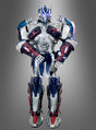 Ein Titanus Prime 270 cm Roboformer-Eventkostüm für den ganzen Körper, inspiriert von Optimus Prime aus „Transformers“, besticht durch eine auffällige Rüstung mit silbernen, blauen und roten Flammenmustern vor einem schlichten grauen Hintergrund – perfekt für jeden Anlass, bei dem ein beeindruckendes Roboterkostüm gefragt ist.