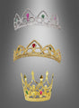 Drei mit Edelsteinen besetzte Kronen – die „Prinzessin Krone“ in Gold- und Silberausführung sowie eine hochspitze Goldkrone, die vom „Prinzessin Diadem“ inspiriert ist – sind vertikal vor einem grauen Hintergrund mit Farbverlauf dargestellt.