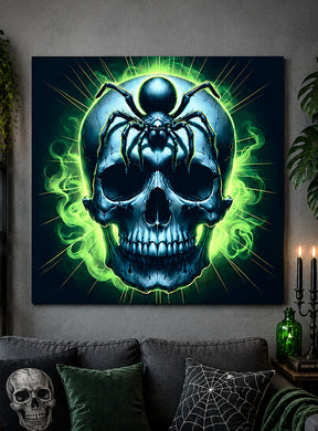 Ein UV-Totenkopf mit Spinne als Hintergrundbild (185 x 200 cm, waschbar) zeigt einen markanten Totenkopf mit einer großen Spinne auf der Stirn, umgeben von leuchtend grünem Nebel – damit ist es das perfekte Halloween-Wandbild für Ihr Wohnzimmer. Dieses beeindruckende Stück sorgt für eine unheimliche, jenseitige Atmosphäre, die sich ideal als Schwarzlicht-Dekoration eignet und perfekt zu Dekorationen mit Totenkopf- und Spinnennetz-Motiven über Ihrem Sofa passt.