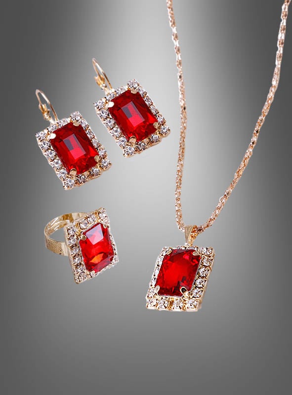 Ein edles Schmuckset mit Edelsteinen und Strass, bestehend aus einer Kette, einem Ring und Ohrringen mit rechteckigen roten Edelsteinen und funkelnden Strassrändern, präsentiert auf einem dezenten grauen Hintergrund – dieses exquisite Set vereint elegante Formgebung mit zeitloser Schönheit.