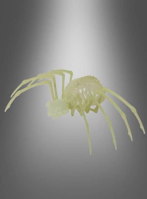 Ein Skelettmodell einer Spinne aus Kunststoff, das im Dunkeln leuchtet, aus der Serie „Skeletttiere Halloween nachtleuchtend“, wird vor einem grauen Hintergrund mit Farbverlauf präsentiert – perfekt für eine Halloween-Dekoration mit leuchtenden Tierskeletten.
