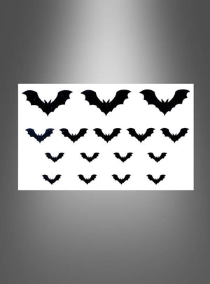 Diese „Tattoos Spinne oder Fledermaus“ (je 32 Stück) zeigen 32 Fledermaussilhouetten in verschiedenen Größen auf weißem Hintergrund, angeordnet in drei Reihen mit einem grauen Farbverlaufsrand, und eignen sich perfekt als Tattoo-Abziehbilder oder Hautaufkleber, um Ihrer Haut einen kreativen Touch zu verleihen.