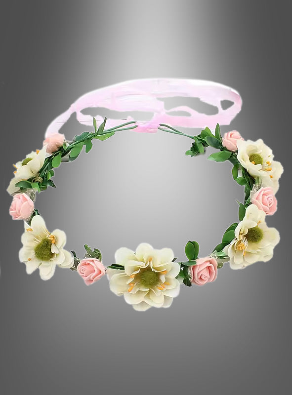 Hippie- oder Elfen-Blumenkranz mit cremefarbenen und rosa Kunstblumen, grünen Blättern und einem rosa Band – perfekt für Elfen-Cosplay oder als Hippie-Blumenkranz – abgebildet vor einem grauen Hintergrund mit Farbverlauf.