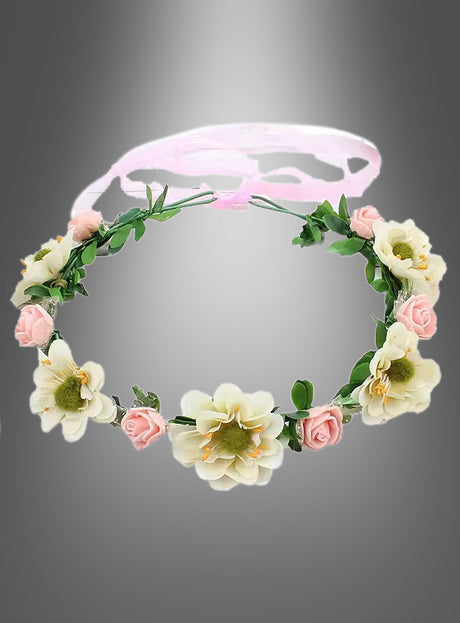 Hippie- oder Elfen-Blumenkranz mit cremefarbenen und rosa Kunstblumen, grünen Blättern und einem rosa Band – perfekt für Elfen-Cosplay oder als Hippie-Blumenkranz – abgebildet vor einem grauen Hintergrund mit Farbverlauf.