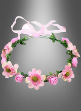 Der „Hippie“- oder „Elfen“-Blumenhaarkranz besteht aus künstlichen rosa Blüten und grünen Blättern sowie einem rosa Band und eignet sich daher perfekt für Elfen-Cosplay oder als i-Tüpfelchen für dein Hippie-Kostüm – hier vor einem grau verlaufenden Hintergrund abgebildet.