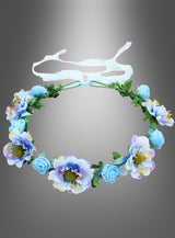 Der „Hippie- oder Elfen-Blumen-Haarkranz“ besteht aus blauen und weißen Kunstblumen, grünen Blättern und einem weißen Band, die wunderschön auf einem grau abgestuften Hintergrund angeordnet sind – damit ist er ideal für dein nächstes Hippie-Kostüm oder dein Elfen-Cosplay-Outfit.