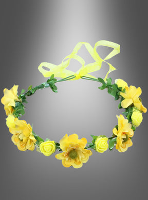 Hippie- oder Elfen-Blumenkranz in Gelb mit grünen Blättern und einem gelben Band, präsentiert vor einem grauen Farbverlauf – ideal als Hippie-Blumenkranz oder um deinem Elfen-Cosplay bzw. Hippie-Kostüm einen märchenhaften Akzent zu verleihen.