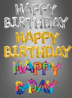 Vier Folienballon-Sets mit der Aufschrift „Happy Birthday“ in Silber, Gold und Regenbogenfarben sind vor einem grauen Hintergrund abgebildet. Diese festlichen Folienballons mit Schriftzug als Partydekoration sind eine farbenfrohe Bereicherung für jede Geburtstagsfeier.