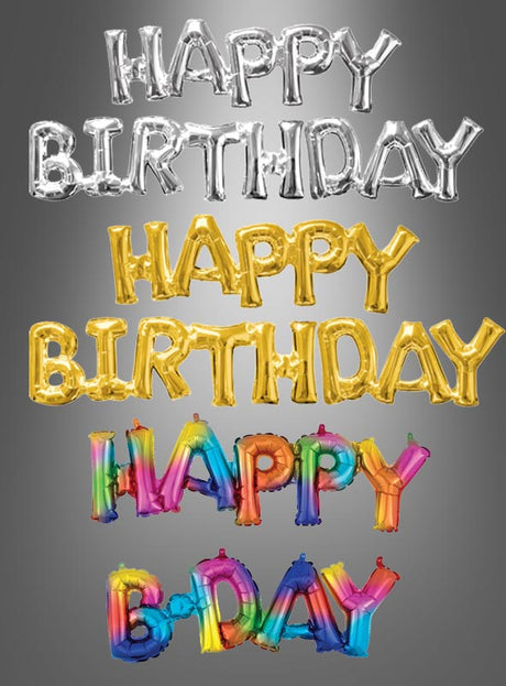 Vier Folienballon-Sets mit der Aufschrift „Happy Birthday“ in Silber, Gold und Regenbogenfarben sind vor einem grauen Hintergrund abgebildet. Diese festlichen Folienballons mit Schriftzug als Partydekoration sind eine farbenfrohe Bereicherung für jede Geburtstagsfeier.