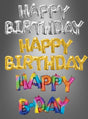 Vier Folienballon-Sets mit der Aufschrift „Happy Birthday“ in Silber, Gold und Regenbogenfarben sind vor einem grauen Hintergrund abgebildet. Diese festlichen Folienballons mit Schriftzug als Partydekoration sind eine farbenfrohe Bereicherung für jede Geburtstagsfeier.