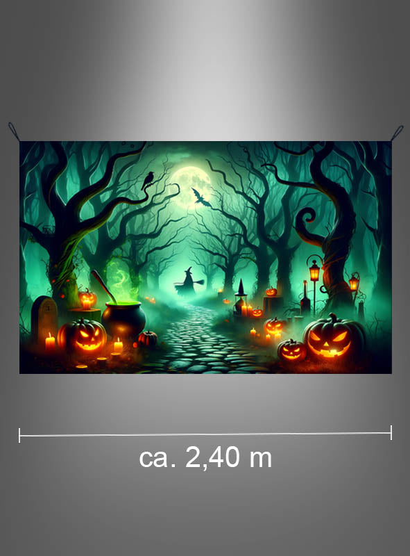 Verleihen Sie Ihrer Halloween-Dekoration eine ganz neue Note – mit dem waschbaren Fotohintergrund „Verfluchter Hexenwald“ (150 x 240 cm): eine gruselige Halloween-Szene mit knorrigen Bäumen, Kürbislaternen, Laternen, einem Hexenkessel und der Silhouette einer Hexe. Mit einer Breite von 2,4 Metern und einem UV-Effekt für einen besonders unheimlichen Schimmer ist er der perfekte „Hexenwald“-Fotohintergrund für Ihre Feier.