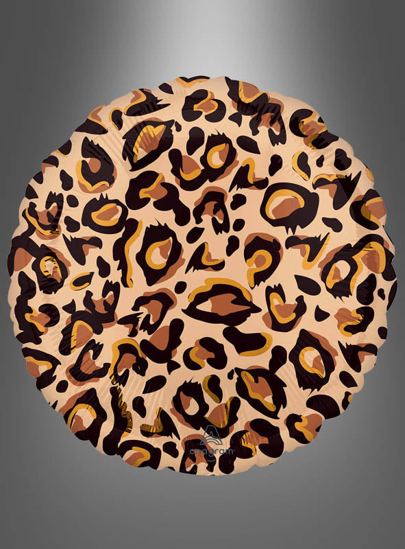 Der „Leopard Folienballon Orbz“ (Kugel oder Scheibe) besticht durch ein auffälliges Leopardenmuster mit braunen, schwarzen und hellbraunen Flecken auf hellem Hintergrund, das sich wunderschön vor einem grauen Farbverlauf abhebt.