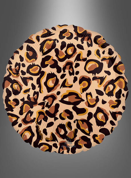 Der „Leopard Folienballon Orbz“ (Kugel oder Scheibe) besticht durch ein auffälliges Leopardenmuster mit braunen, schwarzen und hellbraunen Flecken auf hellem Hintergrund, das sich wunderschön vor einem grauen Farbverlauf abhebt.