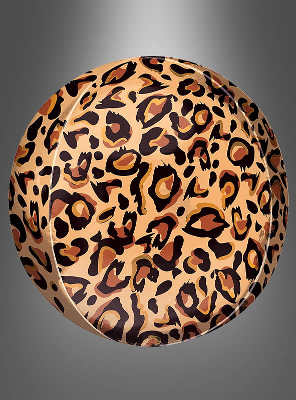 Selbstverständlich! Hier ist ein überarbeiteter Satz unter Verwendung Ihrer Produktdaten: Ein runder Teller mit glänzender Oberfläche ist mit einem Leopardenmuster in Braun-, Beige- und Schwarztönen verziert, das an den „Leopard Folienballon Orbz Kugel oder Scheibe“ erinnert, vor einem grauen Hintergrund mit Farbverlauf.