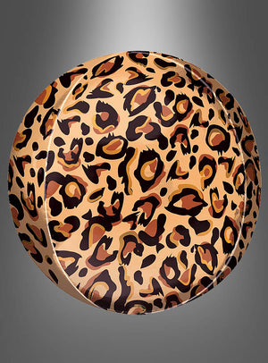 Selbstverständlich! Hier ist ein überarbeiteter Satz unter Verwendung Ihrer Produktdaten: Ein runder Teller mit glänzender Oberfläche ist mit einem Leopardenmuster in Braun-, Beige- und Schwarztönen verziert, das an den „Leopard Folienballon Orbz Kugel oder Scheibe“ erinnert, vor einem grauen Hintergrund mit Farbverlauf.