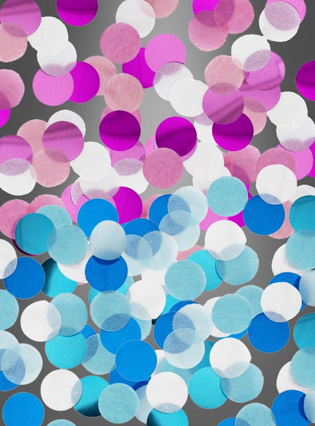 Verleihen Sie Ihrer nächsten Mottoparty oder Ihrer stilvollen Tischdekoration eine festliche Note – mit dem Tischkonfetti in Blau oder Rosa (15 g): eine farbenfrohe Mischung aus runden Konfetti-Stückchen in Blau, Rosa, Lila und Weiß auf grauem Hintergrund.