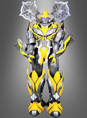 Das „Bumbleblade Roboter 270 cm Roboformer“-Eventkostüm im humanoiden Roboterdesign in Gelb, Schwarz und Silber mit beeindruckenden, Shuriken-ähnlichen Details an den Schultern hebt sich deutlich vom grauen Hintergrund ab – und ist damit die ultimative, auffällige Wahl für jede Veranstaltung oder für die Verwandlung in einen Mega-Transform-Bot.
