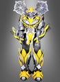 Das „Bumbleblade Roboter 270 cm Roboformer“-Eventkostüm im humanoiden Roboterdesign in Gelb, Schwarz und Silber mit beeindruckenden, Shuriken-ähnlichen Details an den Schultern hebt sich deutlich vom grauen Hintergrund ab – und ist damit die ultimative, auffällige Wahl für jede Veranstaltung oder für die Verwandlung in einen Mega-Transform-Bot.