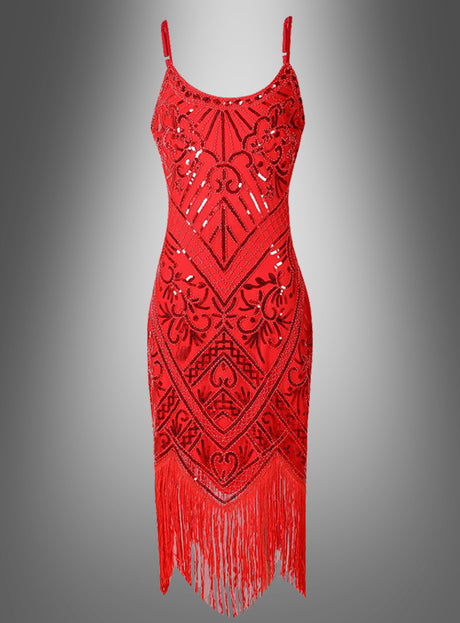 Luxuriöses Paillettenkleid „Cleo“ in Rot, ärmellos mit schimmernden Paillettenmustern und langem Fransenbesatz, präsentiert vor einem grau verlaufenden Hintergrund.