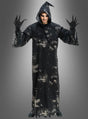 Eine Person, die das „Sensenmann Deluxe Robe“-Halloween-Kostüm trägt – komplett mit schwarzem Kapuzenmantel und Handschuhen –, steht mit erhobenen Händen und bedrohlichem Gesichtsausdruck vor einem grauen Hintergrund und ist damit eine eindringliche Ergänzung für jede Halloween-Kostümsammlung.