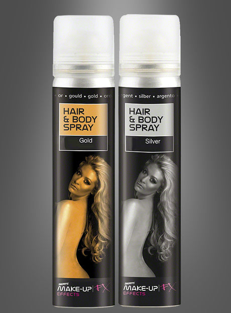 Zwei Dosen „Glitterspray Haar- und Körperspray“ in Gold und Silber, auf denen jeweils eine Frau mit langen Haaren zu sehen ist, die mit dem Rücken zur Kamera vor einem grauen Hintergrund steht. Diese stilvollen Sprühdosen sorgen für einen auffälligen Glitzereffekt und eignen sich perfekt für jeden Anlass.