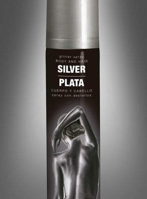 Eine Dose „Glitterspray Haar- und Körperspray“ in der Farbe SILVER PLATA, verziert mit dem Bild einer silbern bemalten Person von hinten, bietet eine vielseitige Möglichkeit, Ihrem Look funkelnde Akzente zu verleihen. Dieses Glitzerspray für Körper und Haare sorgt für einen umwerfenden Glitzer-Effekt – perfekt als festliches Haarspray oder schimmernder Akzent am Körper.