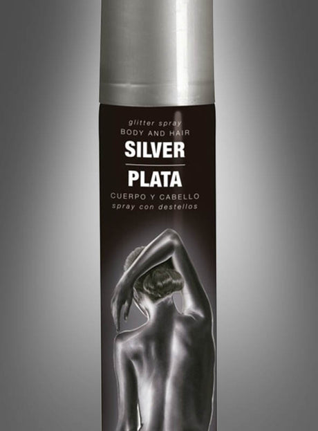 Eine Dose „Glitterspray Haar- und Körperspray“ in der Farbe SILVER PLATA, verziert mit dem Bild einer silbern bemalten Person von hinten, bietet eine vielseitige Möglichkeit, Ihrem Look funkelnde Akzente zu verleihen. Dieses Glitzerspray für Körper und Haare sorgt für einen umwerfenden Glitzer-Effekt – perfekt als festliches Haarspray oder schimmernder Akzent am Körper.